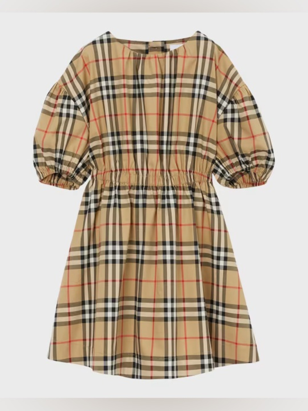 Burberry Beige Plaid Puff-Sleeve Kids Dress with Red Accent